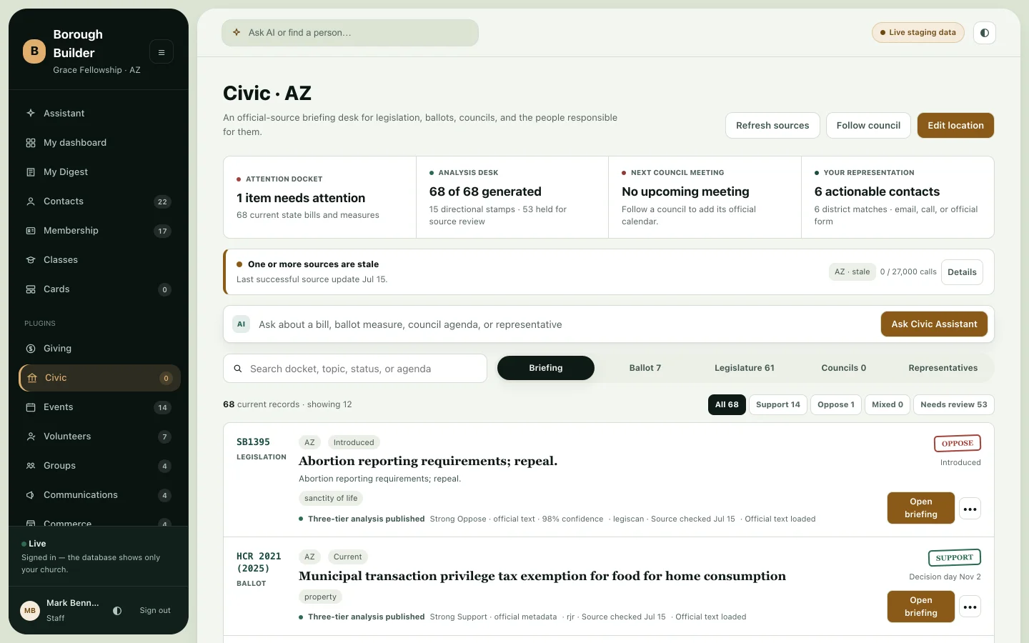 Civic view listing state bills with plain-language analysis and representative contacts.