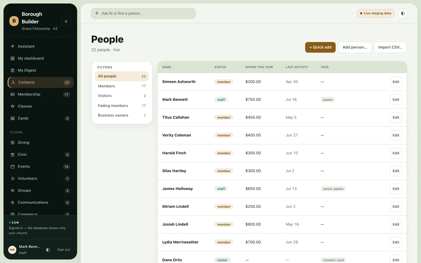 People directory with membership stage, last contact, and tags for each person.