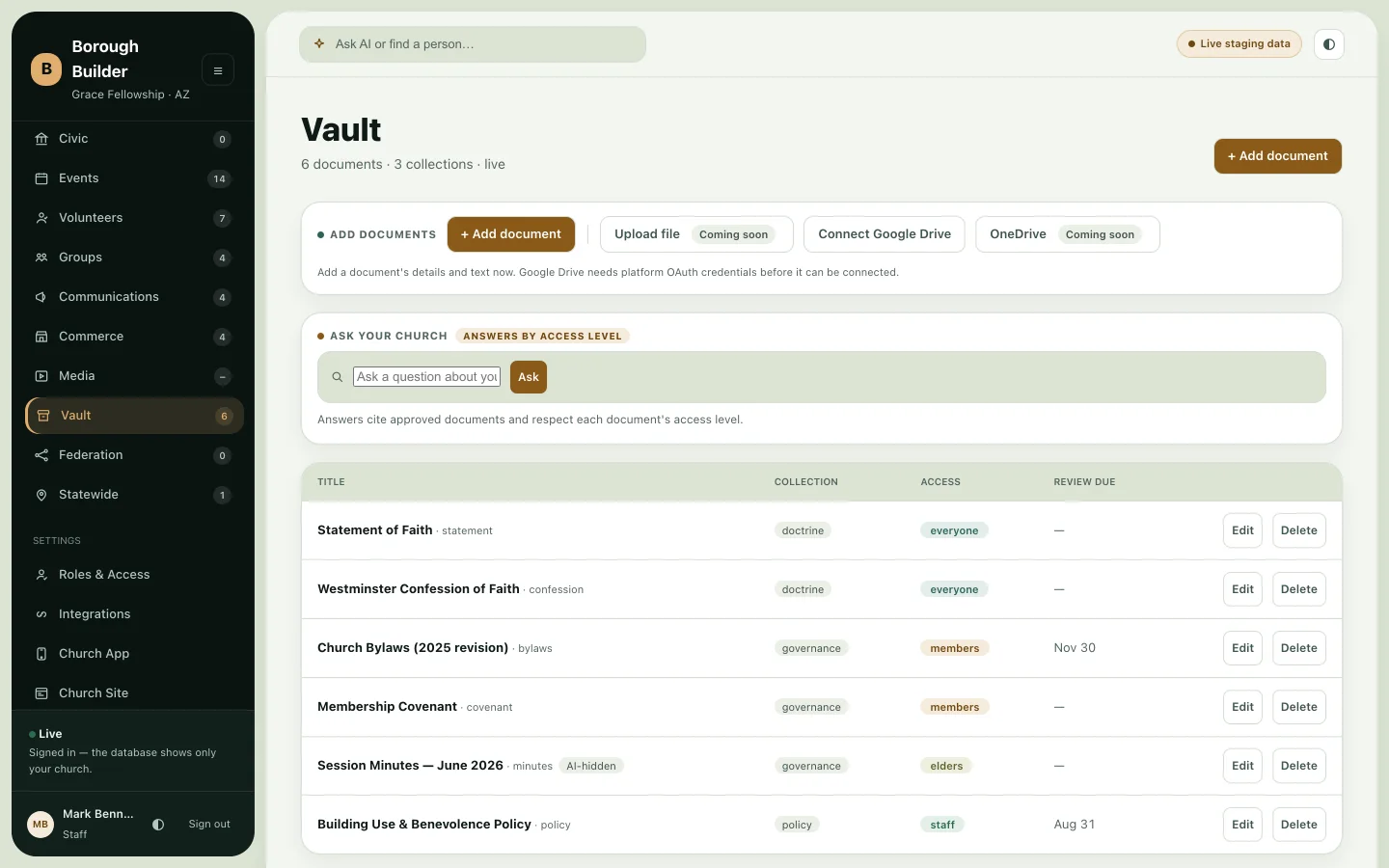 Vault document library with collections, access rules, and an ask-the-documents box.