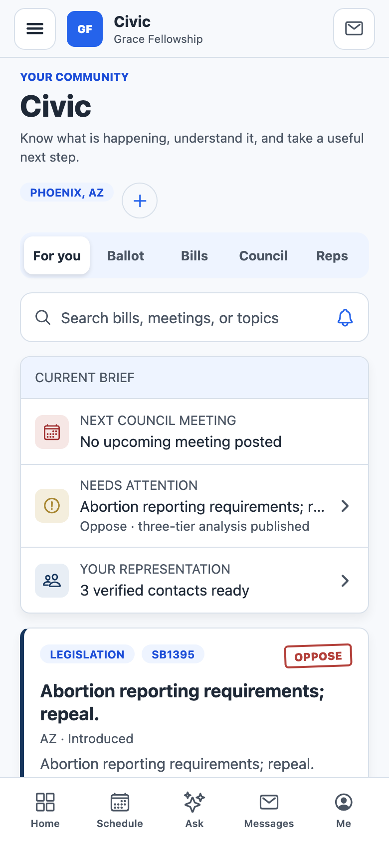 Pilot interface capture of a Civic view with state legislation and ballot context