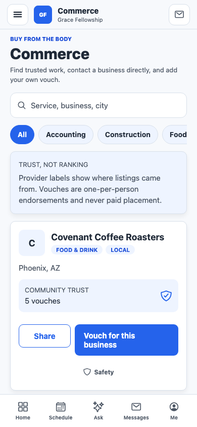 Pilot interface capture of a Commerce directory with vouched local businesses