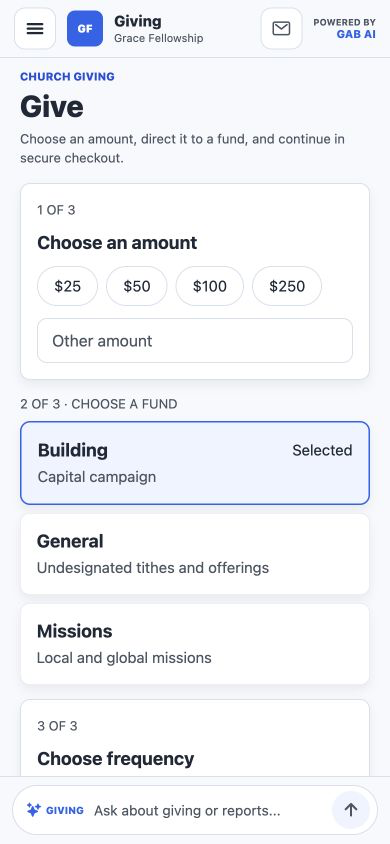 Pilot interface capture of a giving flow with amount, fund, and frequency choices