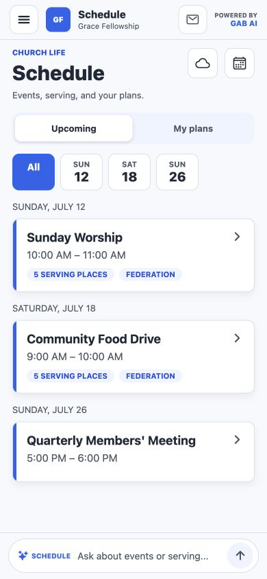 Schedule on a phone showing upcoming church events and serving slots.